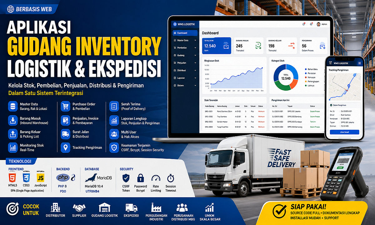Aplikasi Gudang Inventory Logistik & Ekspedisi Berbasis Web | PHP & MariaDB | Source Code Full