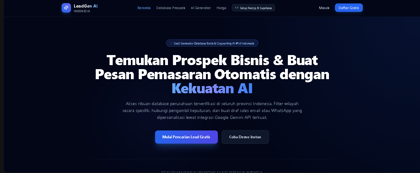 Source Code SaaS Lead Generation AI Indonesia | Database Bisnis + AI Copywriting + NextJS + Supabase